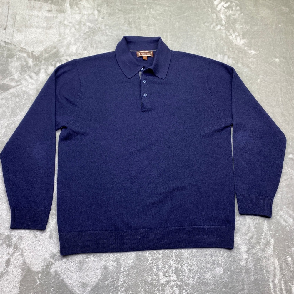 Patrick James Mens XL Navy Blue Merino Wool‎ Long Sleeve Polo Sweater Boho
